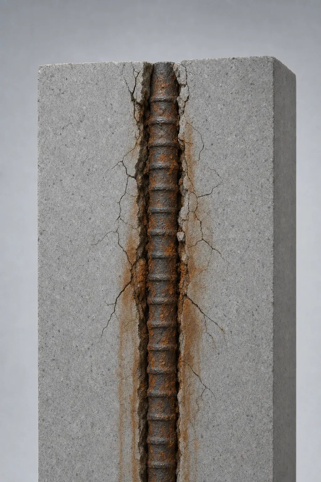 Concrete with steel rebar after chloride exposure — rust staining and cracking
