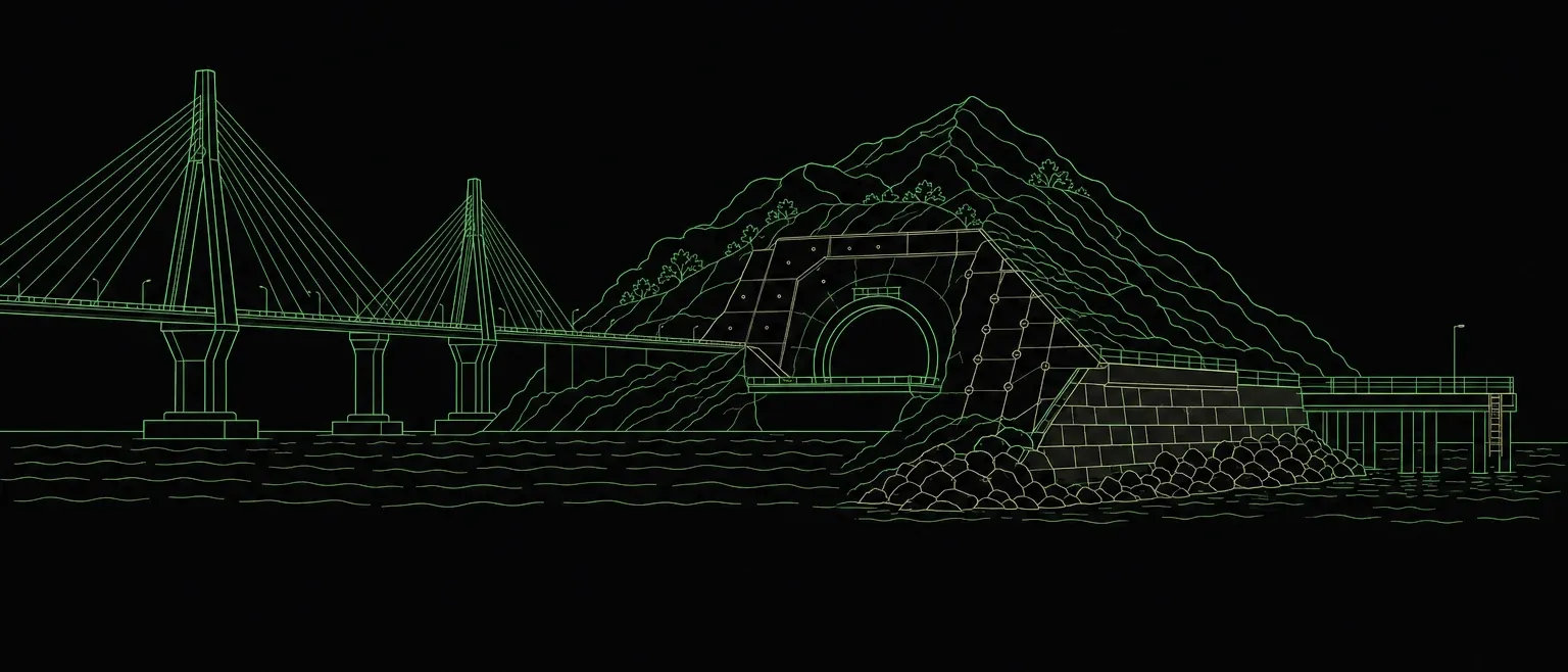 Line illustration of a marine bridge, mountain tunnel and coastal infrastructure